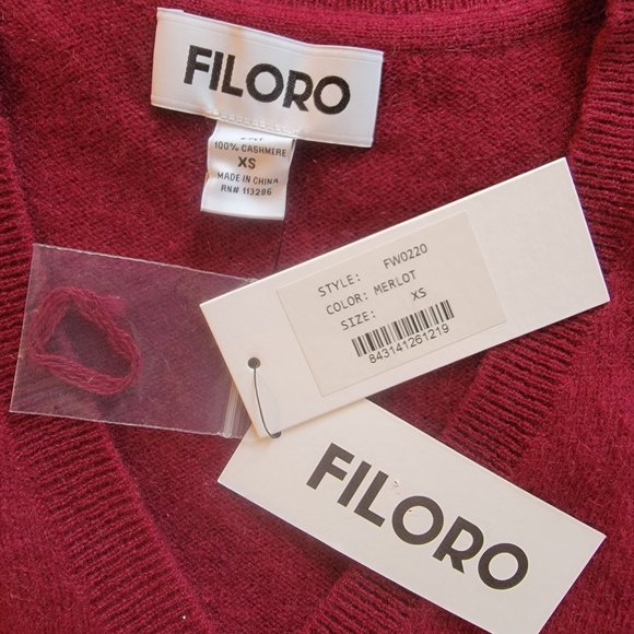 FILORO Cashmere V-Neck Sweater, Merlot, Size XS, NWT - Picture 3 of 16